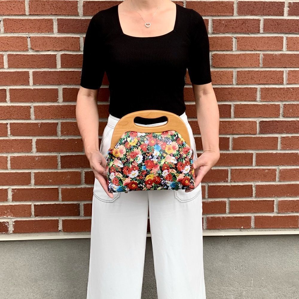 Handmade Genuine Leather Floral Printed, Large Wooden Frame Bag/Crossbody